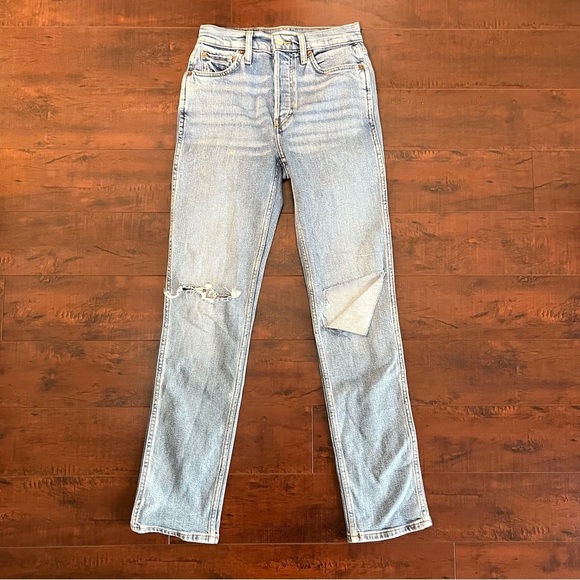 RE/DONE Denim Revolve 80s Slim Straight Jeans Brisk Blue With Rips Size 25 - Picture 4 of 15